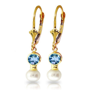 5.2 Carat 14K Solid Yellow Gold Leverback Earrings Pearl Blue Topaz