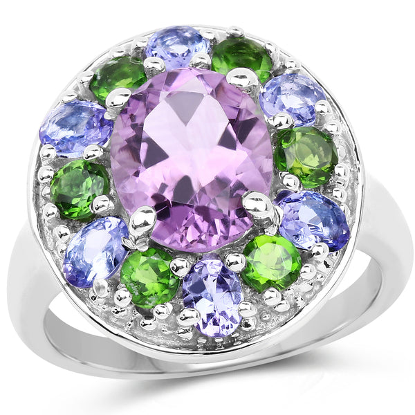 3.89 Carat Genuine Amethyst, Tanzanite & Chrome Diopside .925 Sterling Silver Ring