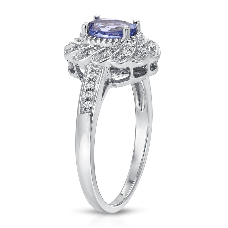 0.87 Carat Genuine Tanzanite and White Diamond .925 Sterling Silver Ring