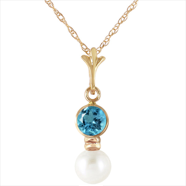 1.23 Carat 14K Solid Yellow Gold Necklace Blue Topaz Pearl