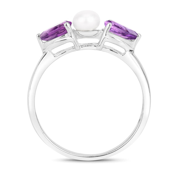 1.34 Carat Genuine Amethyst and Pearl .925 Sterling Silver Ring
