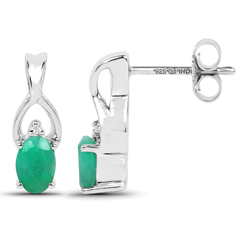 0.89 Carat Genuine Emerald and White Diamond .925 Sterling Silver Earrings