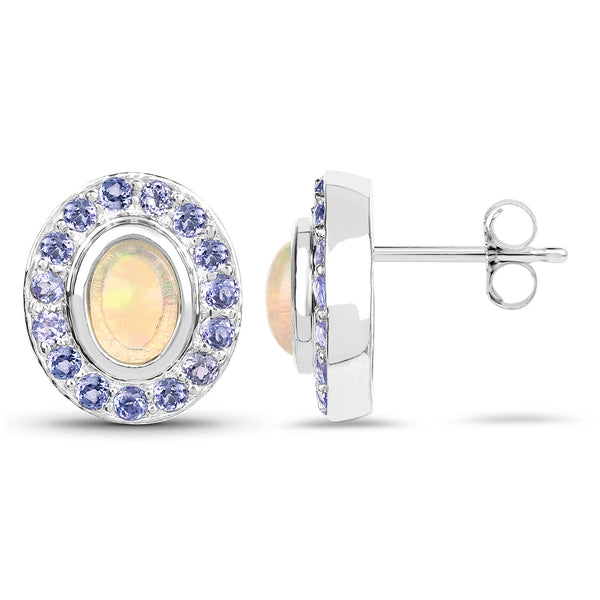 2.01 Carat Genuine Ethiopian Opal and Tanzanite .925 Sterling Silver Earrings