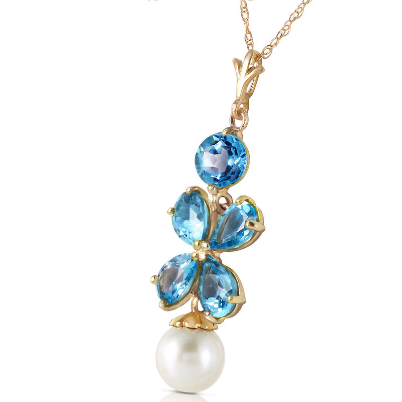 3.65 Carat 14K Soild Gold Seafoam Blue Topaz Pearl Necklace