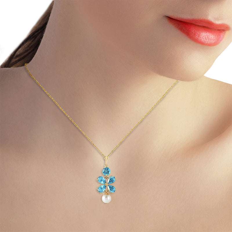 3.65 Carat 14K Soild Gold Seafoam Blue Topaz Pearl Necklace