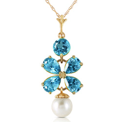 3.65 Carat 14K Soild Gold Seafoam Blue Topaz Pearl Necklace