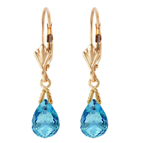 4.5 Carat 14K Solid Yellow Gold Leverback Earrings Briolette Blue Topaz