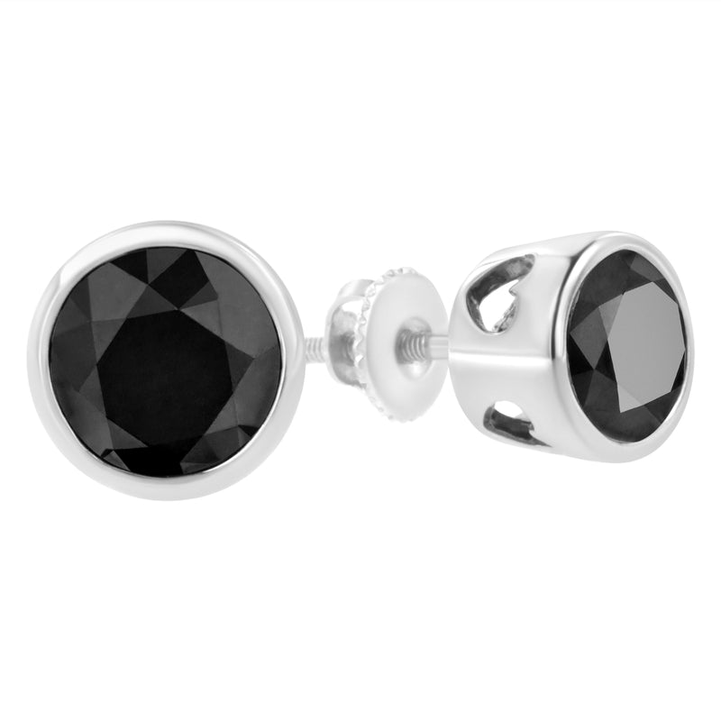 .925 Sterling Silver 1.00 Cttw Round Brilliant-Cut Black Diamond Bezel-Set Stud Earrings with Screw Backs (Fancy Color-Enhanced, I2-I3 Clarity)