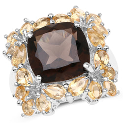 10.15 Carat Genuine Smoky Quartz & Citrine .925 Sterling Silver Ring