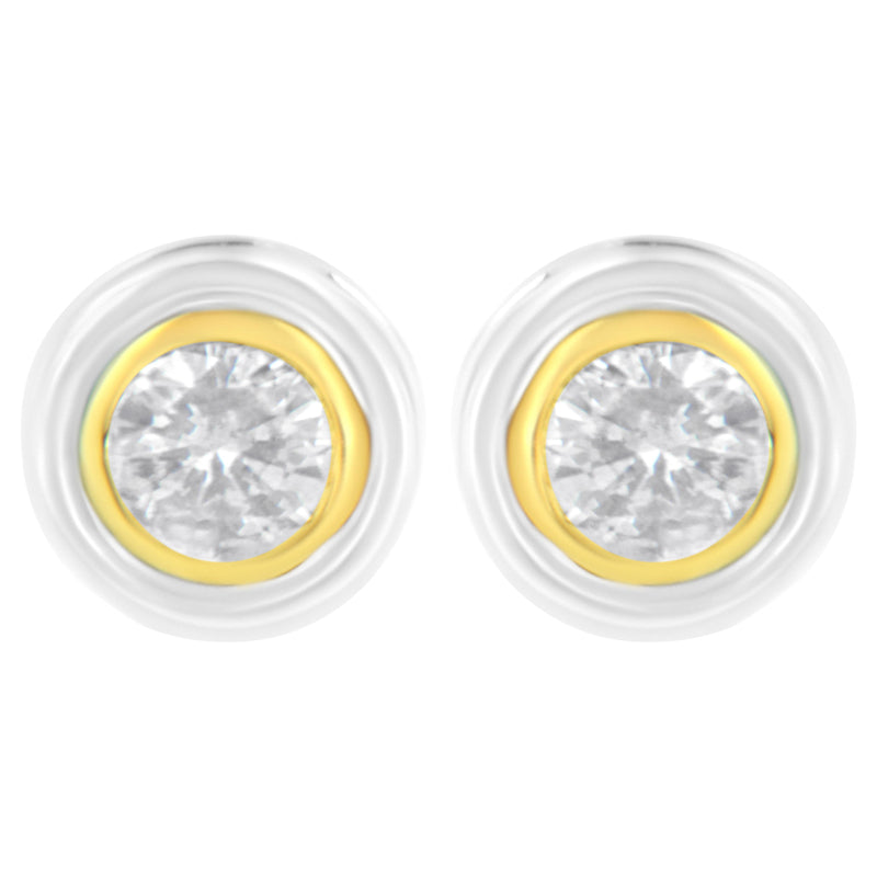 10K Yellow & White Two-Tone Gold 1/5 Cttw Round Brilliant-Cut Near Colorless Diamond Bezel-Set Stud Earrings with Screw Backs (J-K Color, I1-I2 Clarity)