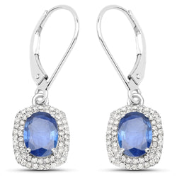 2.36 Carat Genuine Blue Sapphire and White Diamond 14K White Gold Earrings