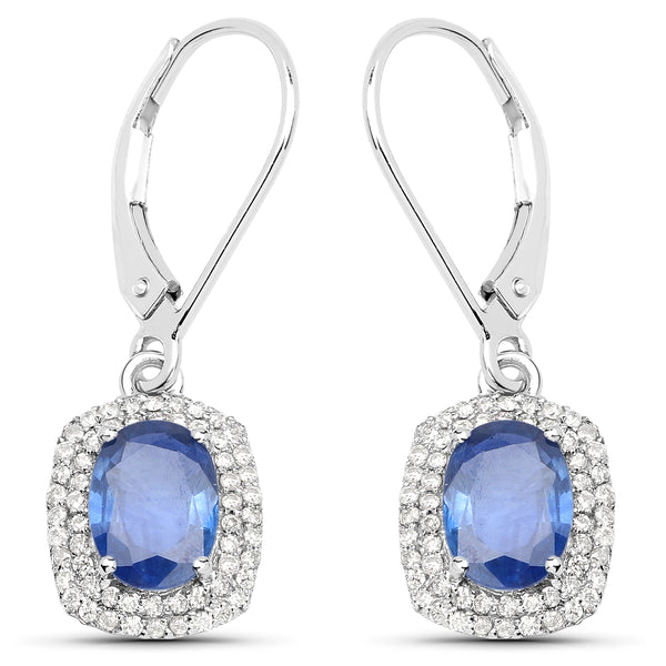 2.36 Carat Genuine Blue Sapphire and White Diamond 14K White Gold Earrings