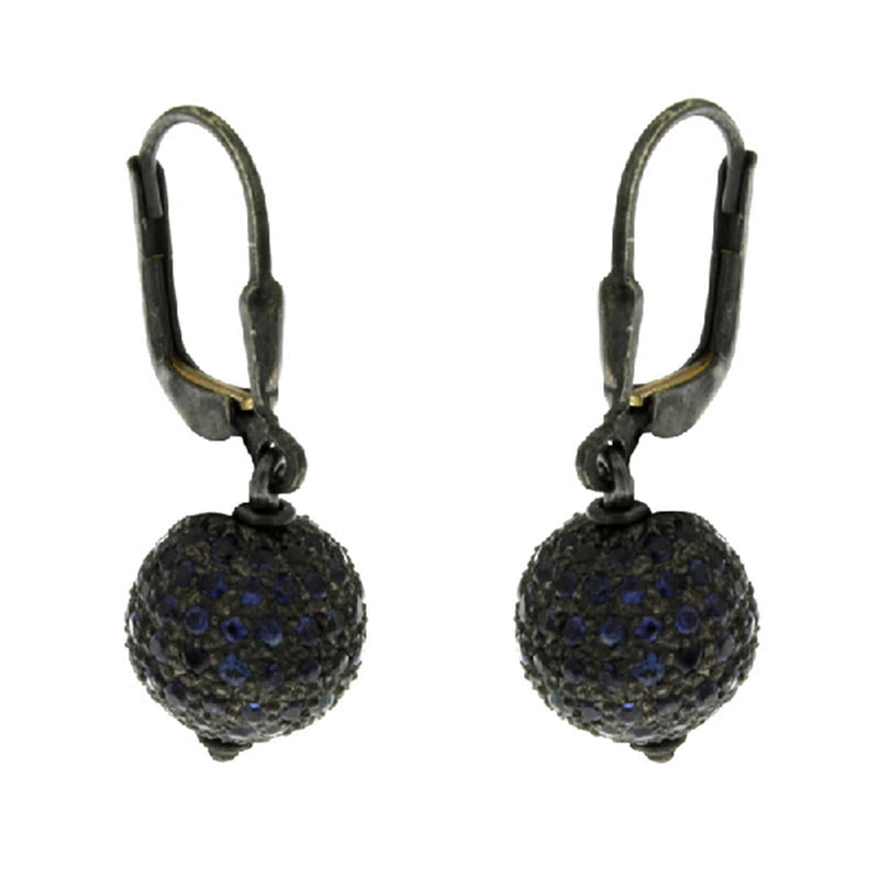 925 Sterling Silver Sapphire Pave Bead Ball Dangle Earrings Handmade Jewelry
