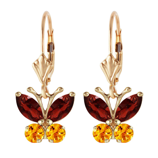 1.24 Carat 14K Solid Yellow Gold Butterfly Earrings Garnet Citrine