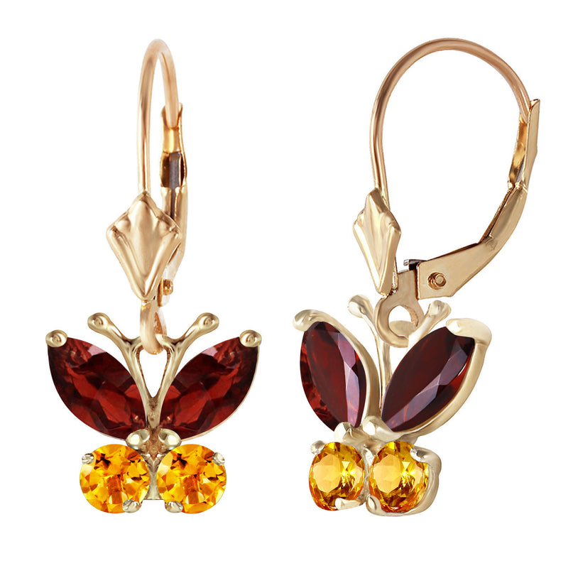 1.24 Carat 14K Solid Yellow Gold Butterfly Earrings Garnet Citrine
