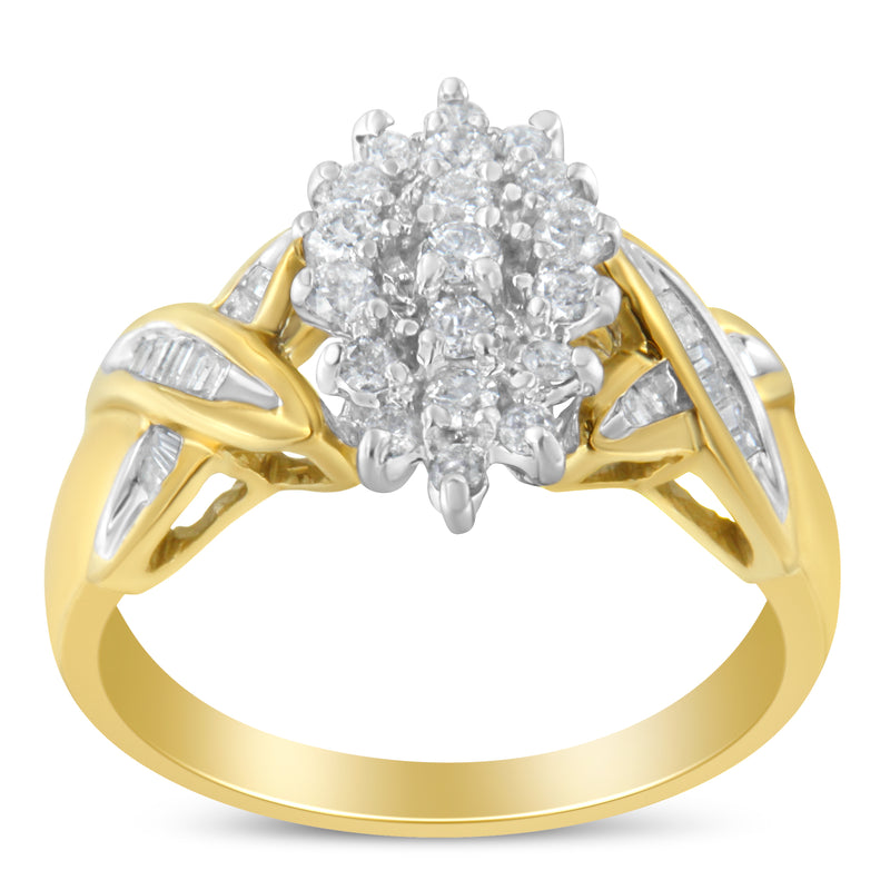 10K Two-Toned Gold Round Baguette Diamond Cluster Ring (1/2 Cttw, I-J Color, I2-I3 Clarity) - Size 6-1/2
