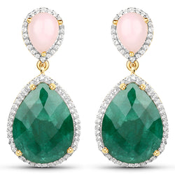 18K Yellow Gold Plated 15.84 Carat Genuine Emerald, Pink Opal and White Topaz .925 Sterling Silver Earrings