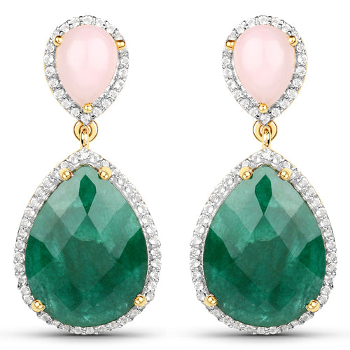 18K Yellow Gold Plated 15.84 Carat Genuine Emerald, Pink Opal and White Topaz .925 Sterling Silver Earrings