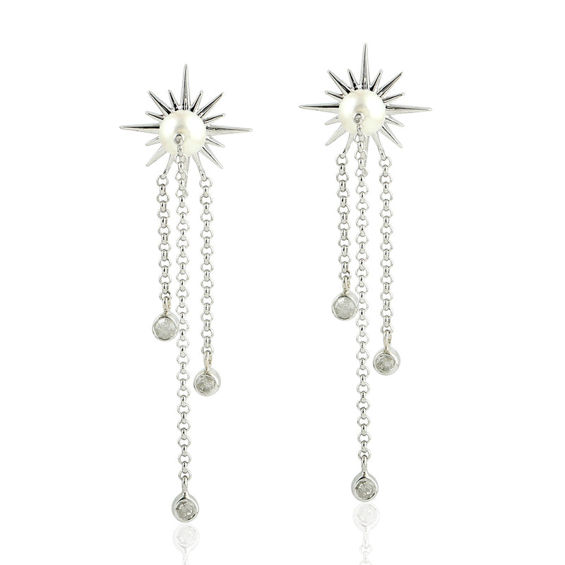Radiant Sun Burst Natural Pearl Chandelier Earrings 925 Sterling Silver Jewelry