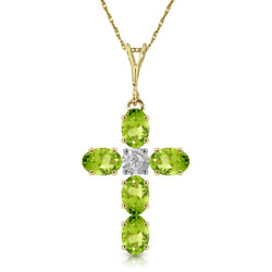 1.88 Carat 14K Solid Yellow Gold Cross Necklace Natural Diamond Peridot