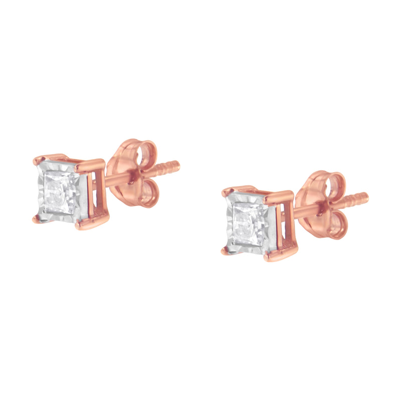 14K Rose Gold Plated Two-Tone .925 Sterling Silver 1/2 Cttw Princess-Cut Square Near Colorless Diamond Solitaire Miracle-Plate Stud Earrings (J-K Color, I2-I3 Clarity)