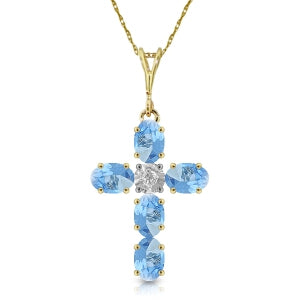 1.75 Carat 14K Solid Yellow Gold Cross Necklace Natural Diamond Blue Topaz