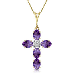 1.75 Carat 14K Solid Yellow Gold Cross Necklace Natural Diamond Purple Amethyst