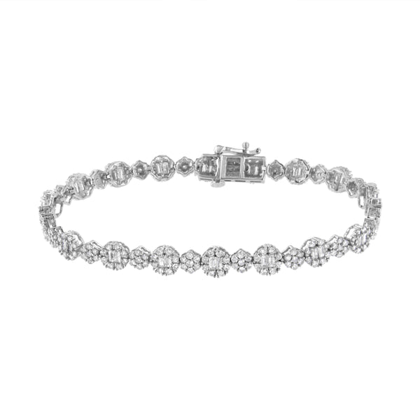 10K White Gold 4.0 cttw Brilliant Round-cut and Baguette Diamond Floral Cluster Link Bracelet (I-J Clarity, I1-I2 Color) - Size 7"