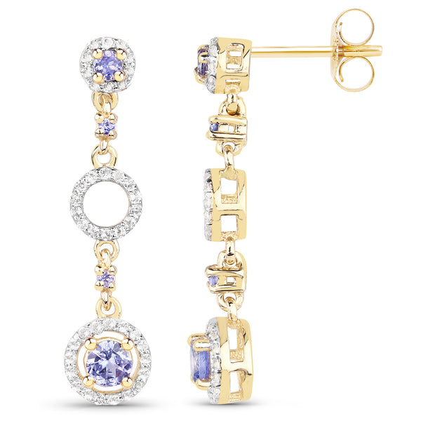 14K Yellow Gold Plated 1.09 Carat Genuine Tanzanite and White Topaz .925 Sterling Silver Earrings