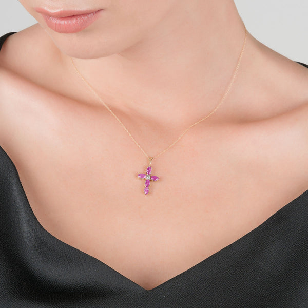 1.88 Carat 14K Solid Yellow Gold Cross Necklace Natural Diamond Pink Topaz