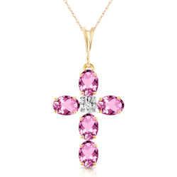 1.88 Carat 14K Solid Yellow Gold Cross Necklace Natural Diamond Pink Topaz