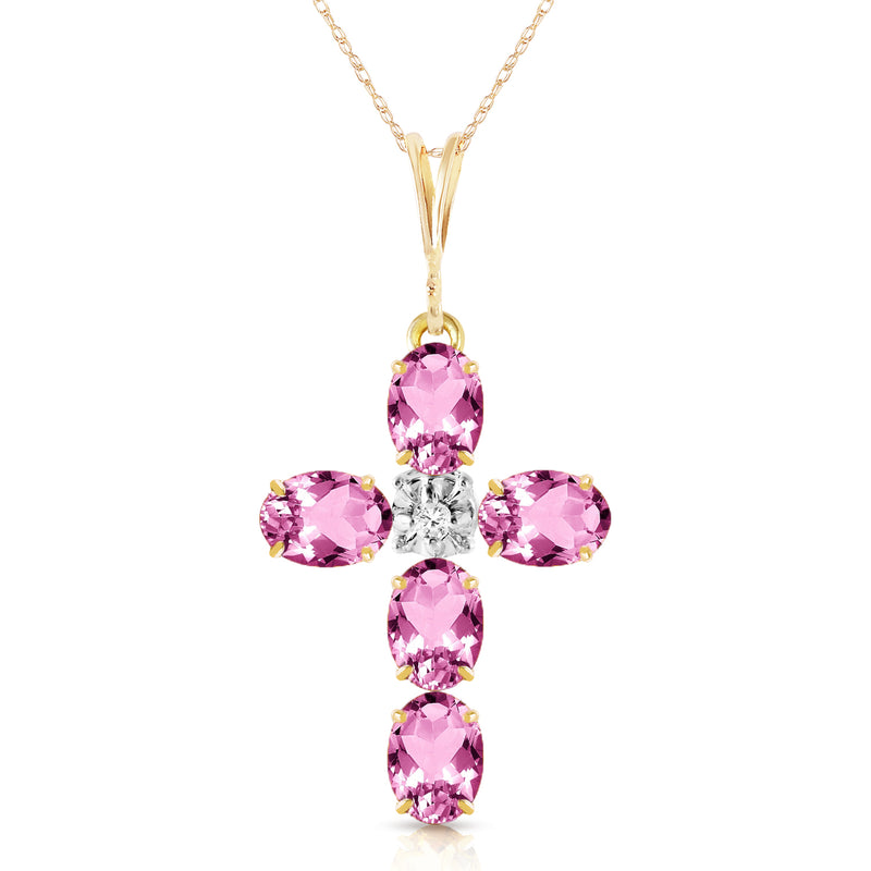 1.88 Carat 14K Solid Yellow Gold Cross Necklace Natural Diamond Pink Topaz