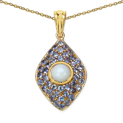 14K Yellow Gold Plated 1.82 Carat Genuine Ethiopian Opal & Tanzanite .925 Sterling Silver Pendant