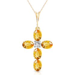 1.88 Carat 14K Solid Yellow Gold Cross Necklace Natural Diamond Citrine