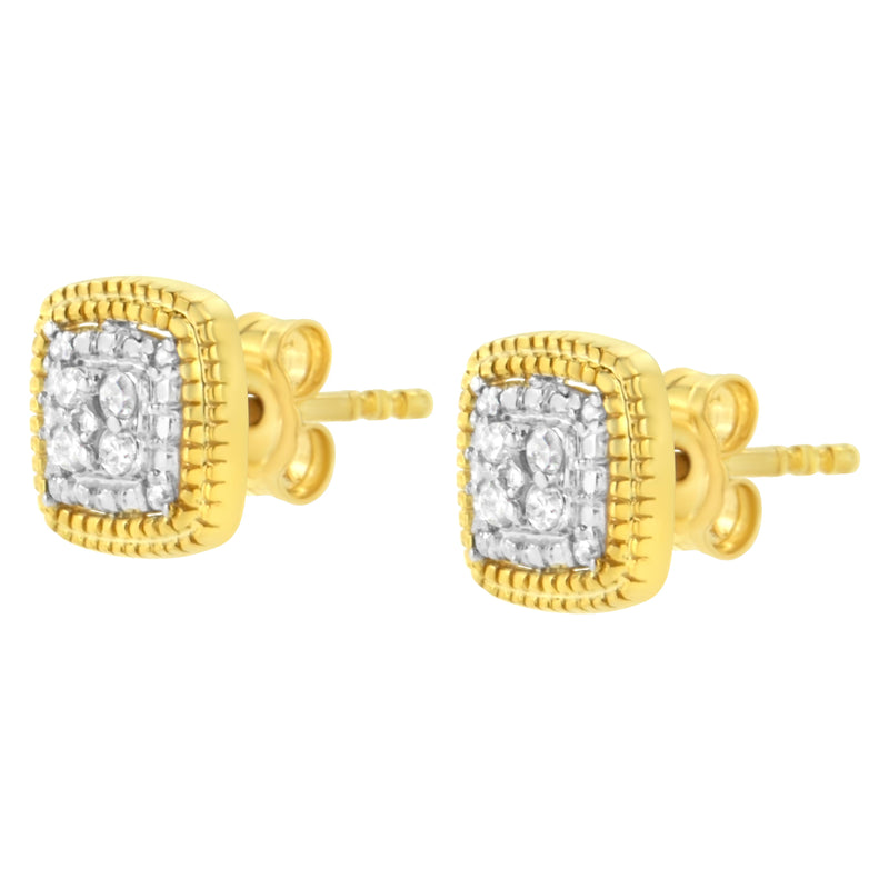 10K Yellow Gold Plated .925 Sterling Silver 1/10 Cttw Prong-Set Round Cut Diamond Square Shape with Milgrain Halo Stud Earrings (I-J Color, I2-I3 Clarity)