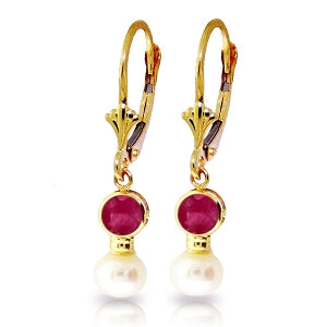 5.2 Carat 14K Solid Yellow Gold Leverback Earrings Pearl Ruby