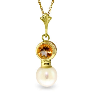 1.23 Carat 14K Solid Yellow Gold Sunny Rays Citrine Pearl Necklace