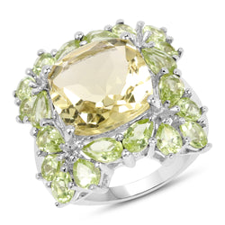 9.38 Carat Genuine Lemon Quartz & Peridot .925 Sterling Silver Ring