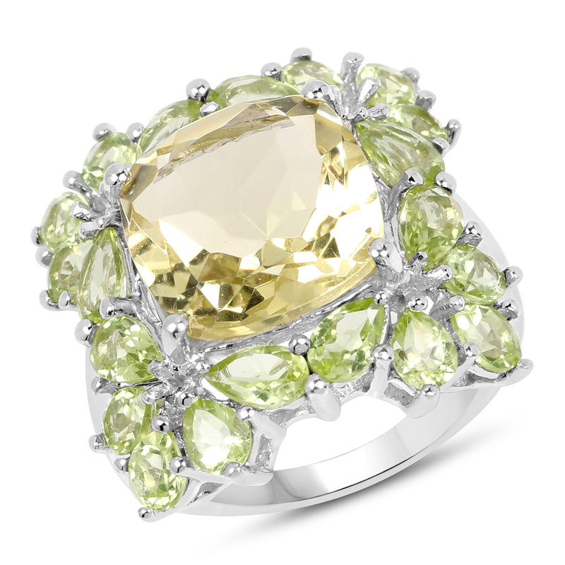 9.38 Carat Genuine Lemon Quartz & Peridot .925 Sterling Silver Ring