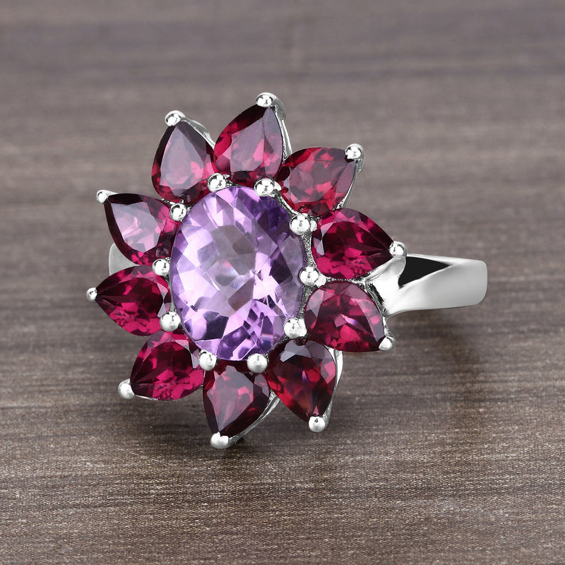 5.65 Carat Genuine Amethyst and Rhodolite .925 Sterling Silver Ring