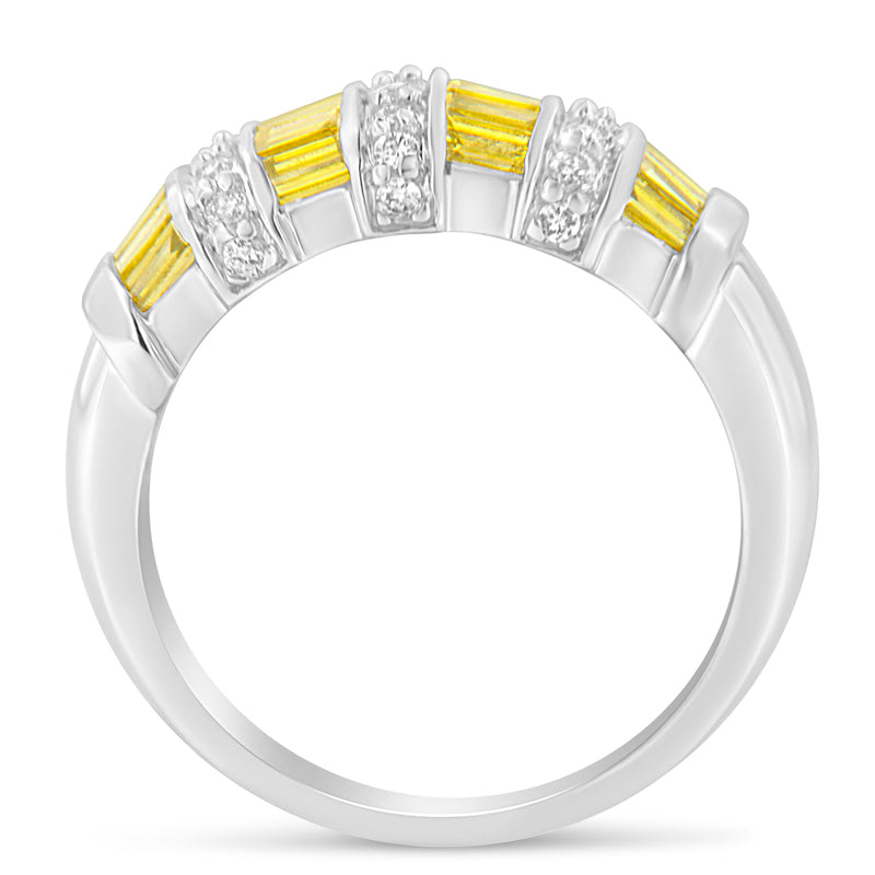 14k White Gold 1 1/4ct TDW Treated Yellow Baguette and Round Diamond Modern Ring Band(H-I SI2-I1)