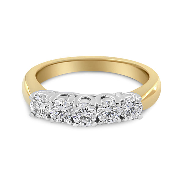 18K Yellow Gold 1.0 Cttw 4 Prong Set Round Cut Diamond Step up 5 Stone Ring Band (F-G Color, SI1-SI2 Clarity) - Size 6