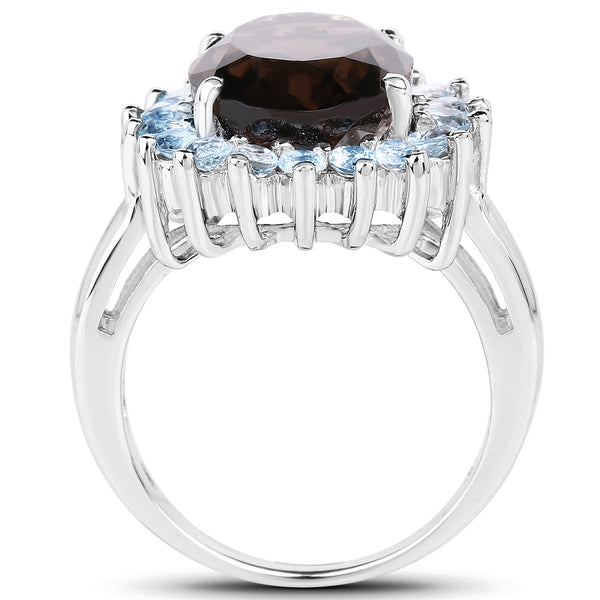 6.79 Carat Genuine Smoky Quartz & Blue Topaz .925 Sterling Silver Ring