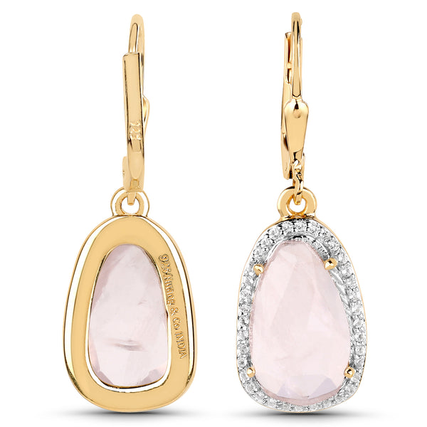 18K Yellow Gold Plated 7.47 Carat Genuine Rose Quartz and White Topaz .925 Sterling Silver Earrings