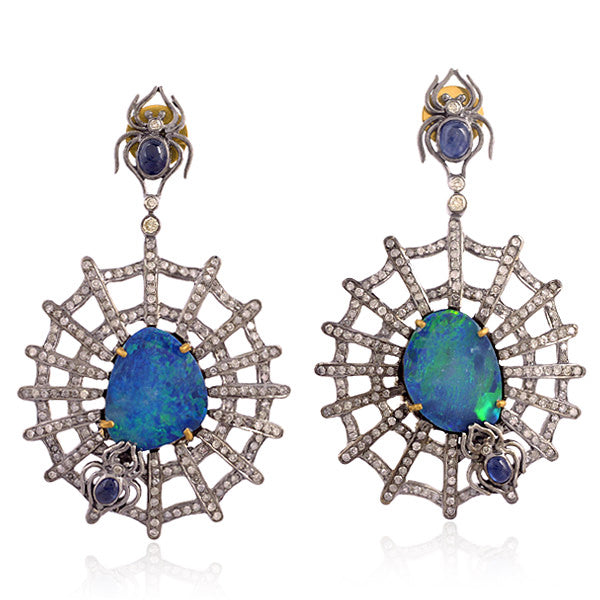 Opal & Sapphire Dangle Earrings 18k Gold 925 Silver Diamond Jewelry