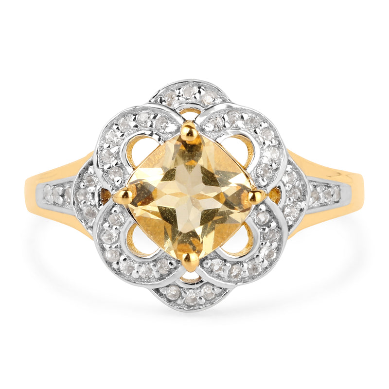 14K Yellow Gold Plated 1.78 Carat Genuine Citrine and White Topaz .925 Sterling Silver Ring