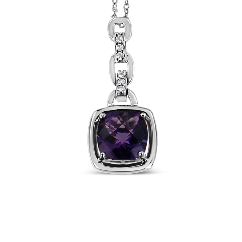 .925 Sterling Silver 6x6MM Cushion Shaped Natural Purple Amethyst and Diamond Accented Bale 18" Inch Pendant Necklace (I-J Color, I1-I2 Clarity)