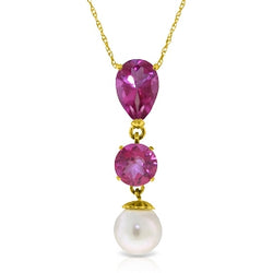 5.25 Carat 14K Solid Yellow Gold Necklace Pink Topaz Pearl