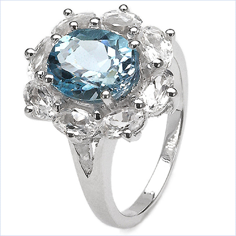 4.79 Carat Genuine Blue Topaz and White Topaz .925 Sterling Silver Ring