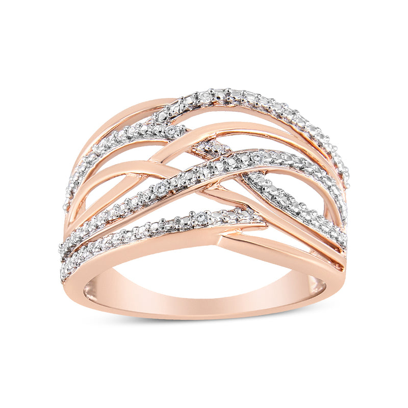 14K Rose Gold Plated .925 Sterling Silver Diamond Accent Crossover Ring (I-J Color, I2-I3 Clarity) - Ring Size 7